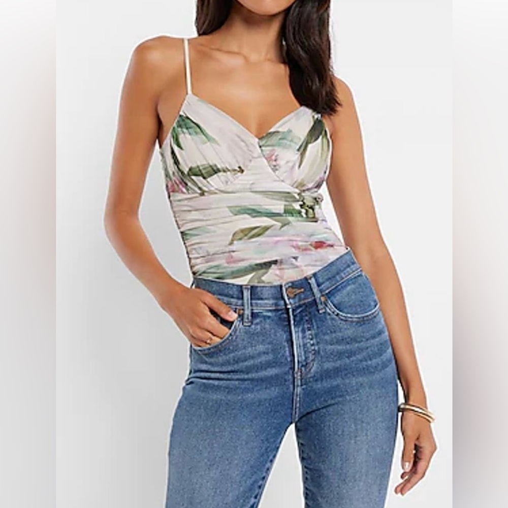 Express body contour cream beige floral mesh bodycon bodysuit size small